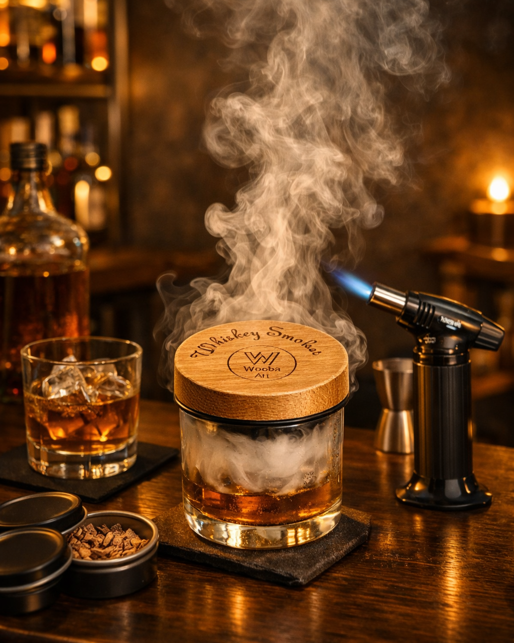 Whiskey- und Cocktail Smoker Set mit drei Holzsorten zur Räucherung, einem Löffel, dem Smoker aus Holz, einem Feuerzeug und einem kleinen Sieb, drapiert auf einem Bar-Tisch