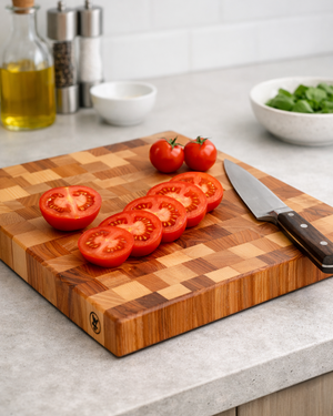 Stirnholz-Schneidbrett aus Vollholz mit aufgeschnittenen Tomaten und Messer auf einer Küchenzeile