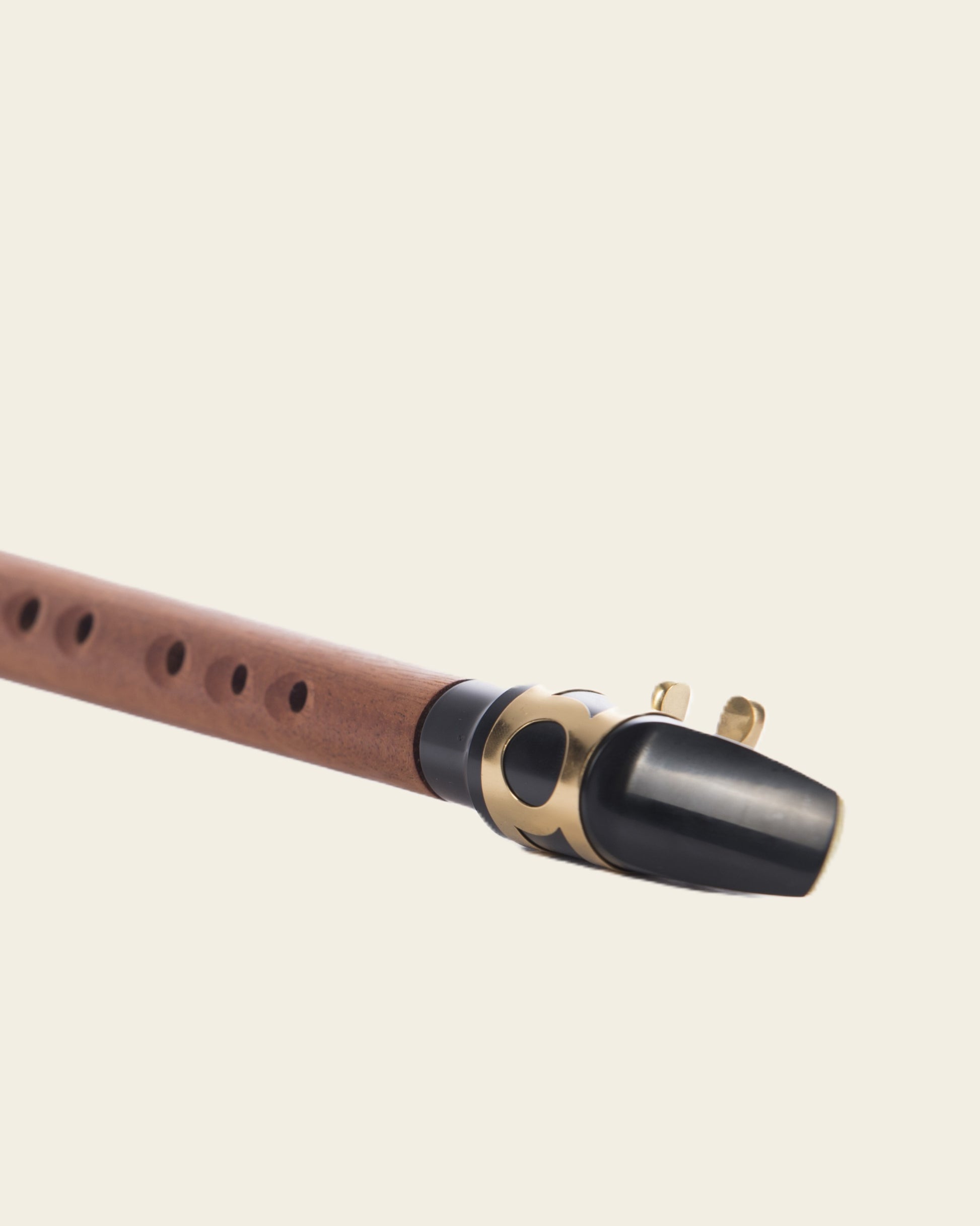Mini-Saxophon aus Holz mit Alt-Mundstück in Nahaufnahme