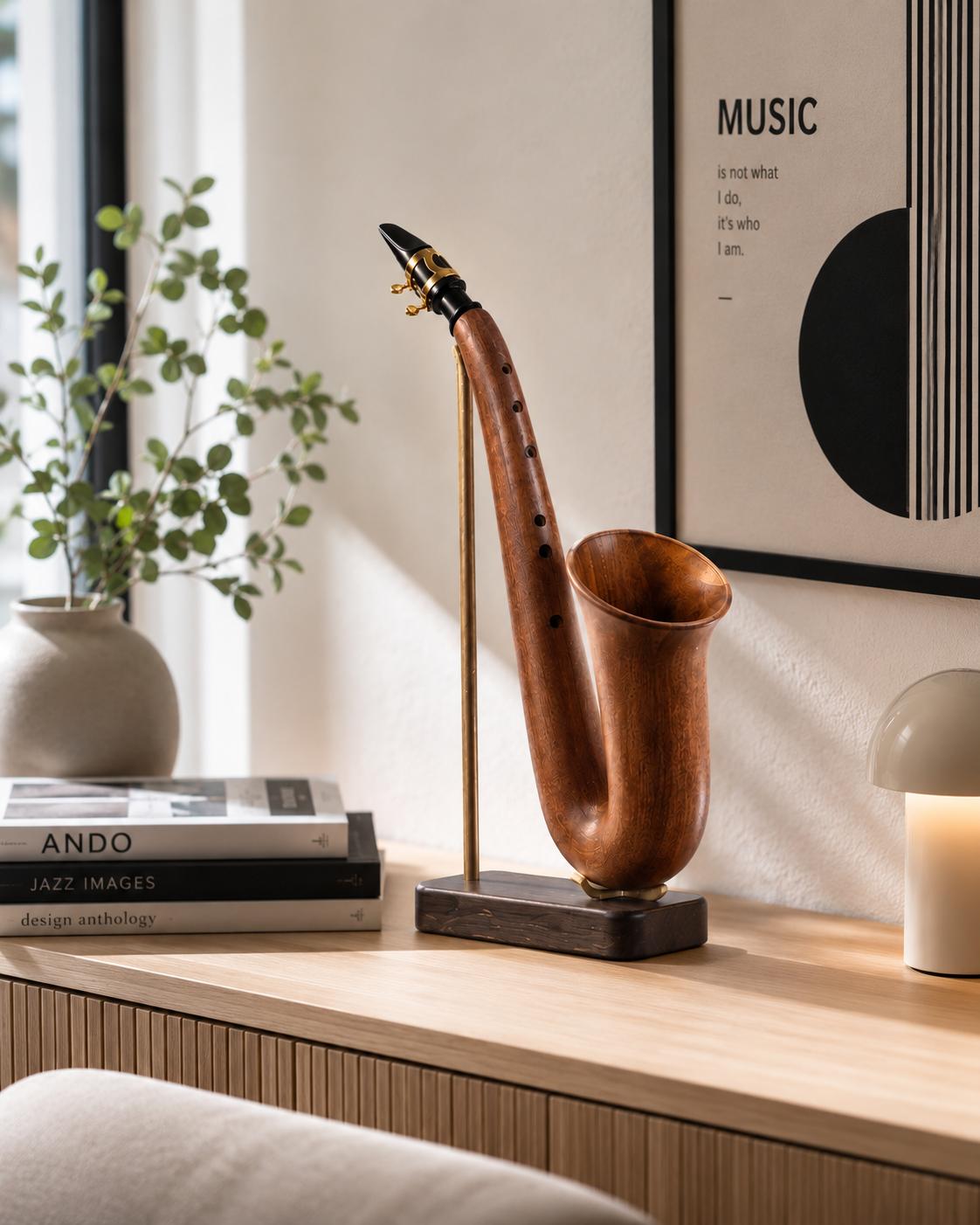 Saxophon aus Holz mit Alt-Mundstück auf einem Ständer