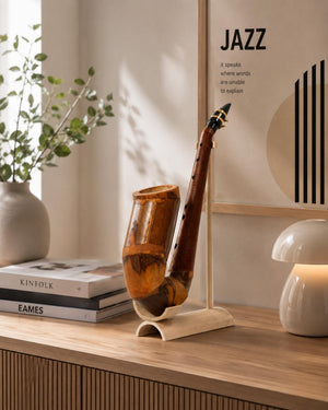 Holz-Saxophon auf einem Ständer, platziert auf einer Kommode mit Büchern und einer Lampe