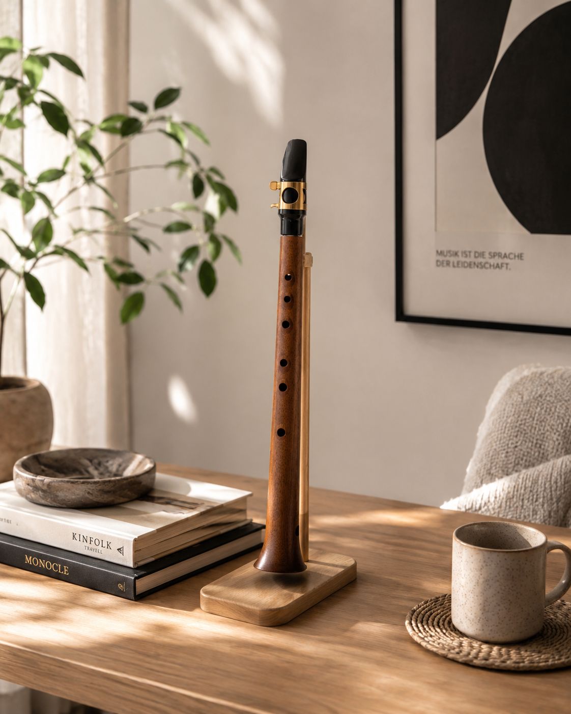 Mini-Saxophon aus Holz mit Alt-Mundstück, mit einem Ständer auf einem Schreibtisch neben Büchern und einer Tasse platziert