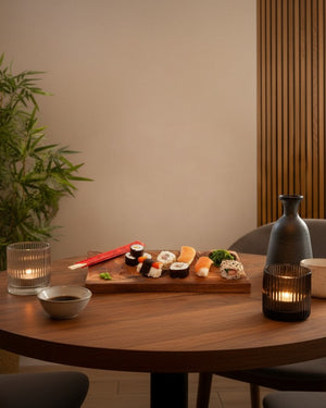 Sushi-Servierbrett aus Holz, mit eingraviertem Fisch, Wellenformen und einer Aussparung für eine kleine Schüssel für die Soja-Soße, platziert auf einem Esstisch mit Kerzen und Flasche