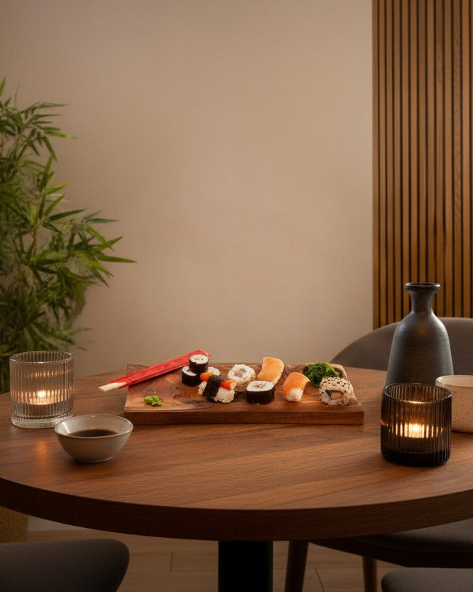 Sushi-Servierbrett aus Holz, mit eingraviertem Fisch, Wellenformen und einer Aussparung für eine kleine Schüssel für die Soja-Soße, platziert auf einem Esstisch mit Kerzen und Flasche