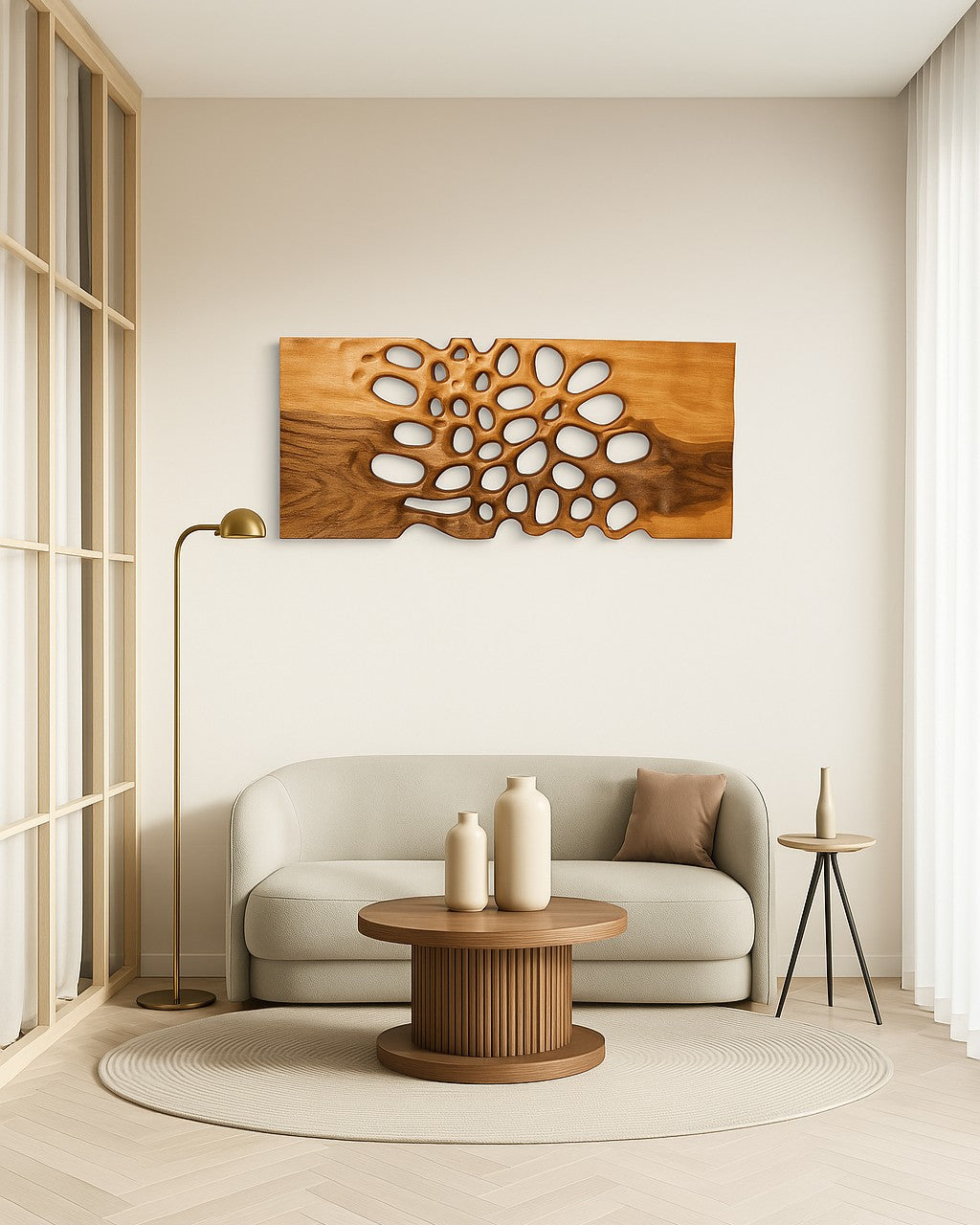 Modernes Wandbild aus Holz mit organischen Formen und Löchern über einem Sofa