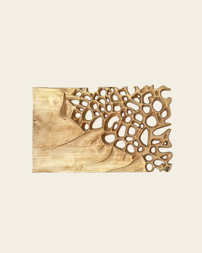 Modernes Wandbild aus Holz mit organischen Formen und Löchern
