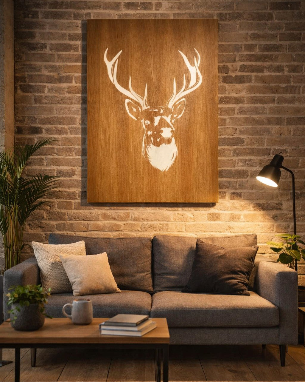Belichtetes Bild eines Hirschen aus Holz und Epoxi-Harz, aufgehängt über einer Couch in einem Loft