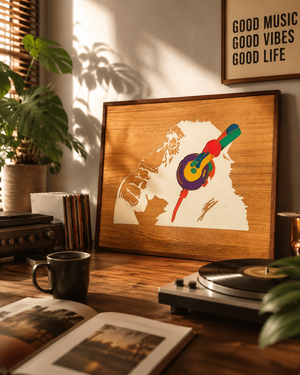 Belichtetes Wandbild eines Affen mit Kopfhörern als Dekoration auf einem Tisch