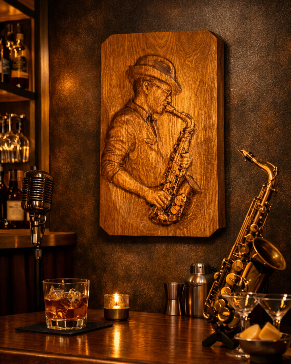 Detaillierte Schnitzerei eines rechteckigen Holzbildes, das einen Saxophonisten zeigt, aufgehängt in einer Bar, auf einem Tisch davor stehen Whiskey-Glas und ein Saxophon