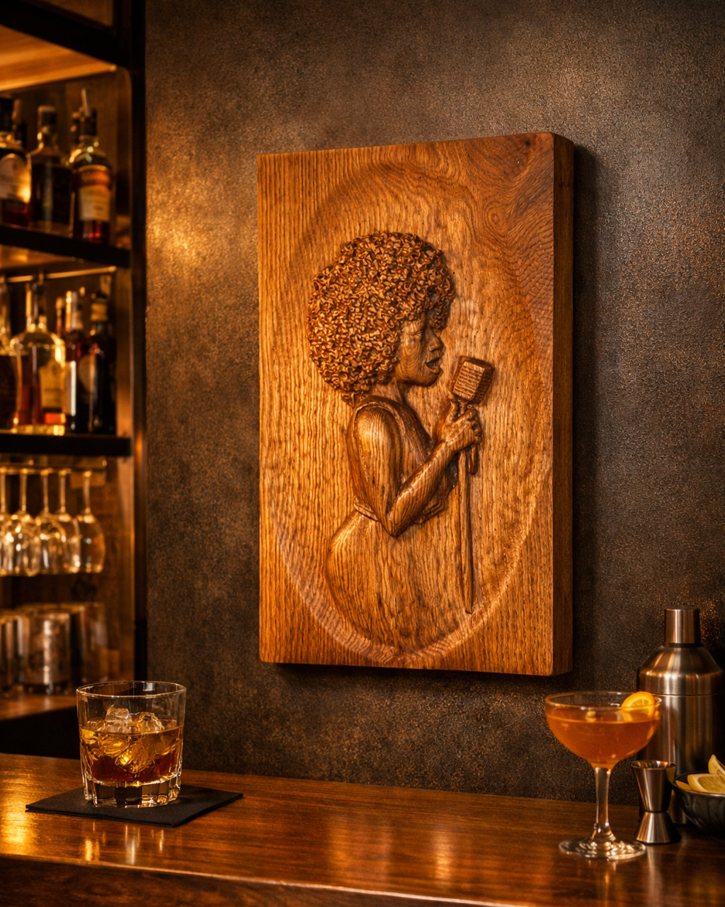 Gefräste Wandkunst aus Holz, Abbildung einer Jazz-Sängerin, die in einer Bar an der Wand hängt, zwei Cocktails im Vordergrund auf der Bar abgestellt