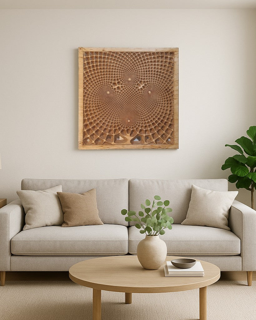 Modernes Wandbild, gefräst aus Eichenholz, mit geometrischen Mustern, über einer Coach im Wohnzimmer