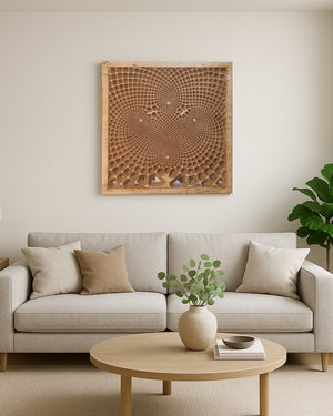 Modernes Wandbild, gefräst aus Eichenholz, mit geometrischen Mustern, über einer Coach im Wohnzimmer