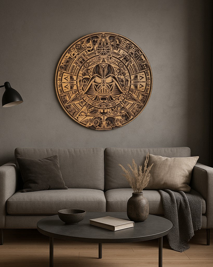 Gefrästes Holzbild mit Start Wars Motiv, im Zentrum Darth Vader, aufgehängt über einen grauen Couch an einer grauen Wand